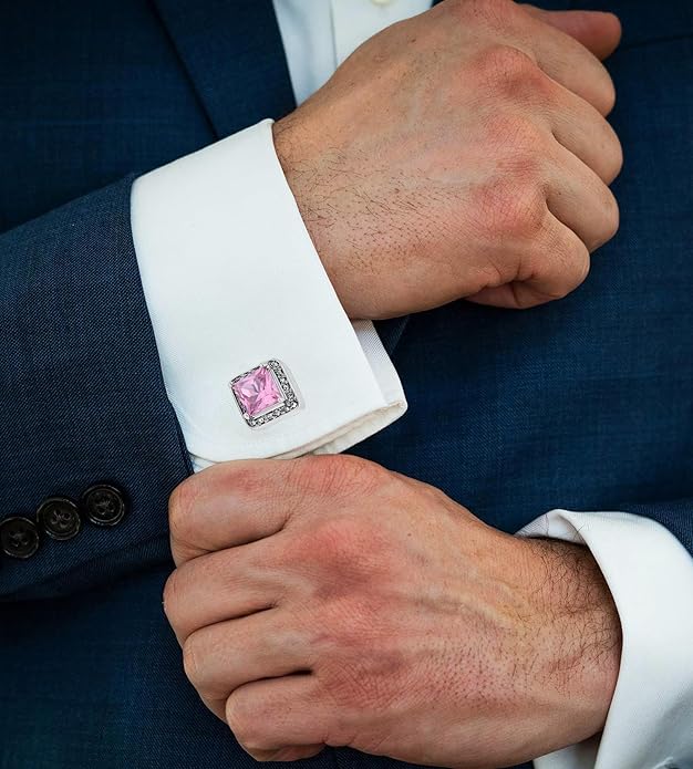 Jonwo Pink Crystal Square Silver Cufflinks for Men Lady In Gift Case Classic Faceted Gemstone Men's Cufflinks Jewelry Set for Wedding Anniversary Business Party Events Tuxedo Dress