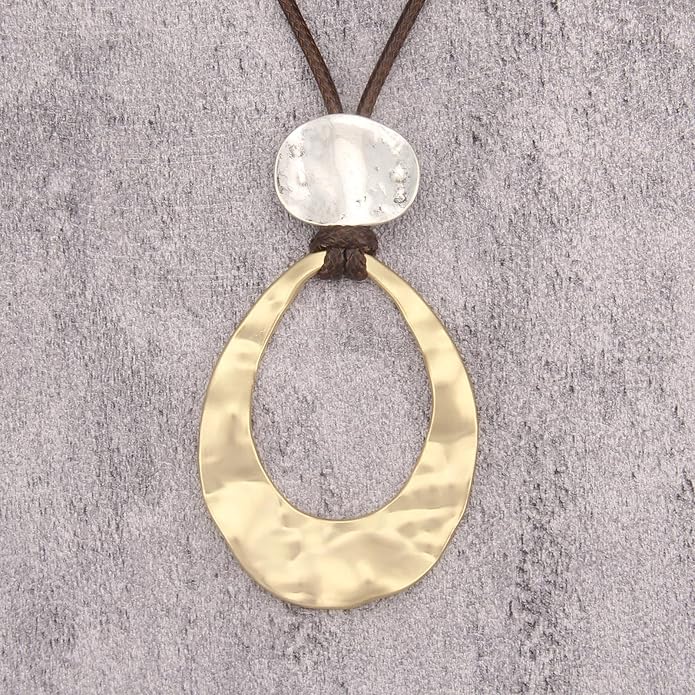 Long Boho Necklaces for Women Vintage Leather Wooden Pendant Y Choker Ethnic Style Gold Circle Hippie Sweater Necklace