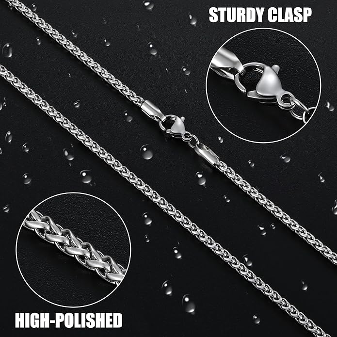 Fiusem Black Wheat Chains for Men and Women, 2/2.5/3/4/5mm Stainless Steel Necklace Chain, Mens Necklace Jewelry Gift 16-28 Inch