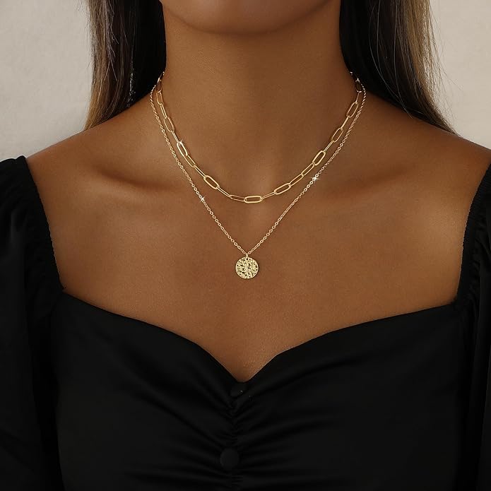 Layered Necklaces for Women 14K Gold Plated Stack Circle Pendant Trendy Long Chain Stackable Handmade Coin Necklace Set Dainty Gold Stacked Jewelry Gifts