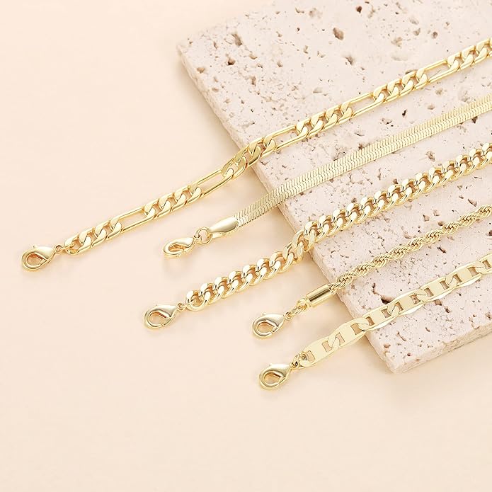 DEARMAY 14K Gold Plated Ankle Bracelets for Women Waterproof - Dainty 6Pcs Anklets Layered Cuban Link Chain Herringbone Cute Anklets Set Pack Summer Beach Jewelry Gift for Women Teen