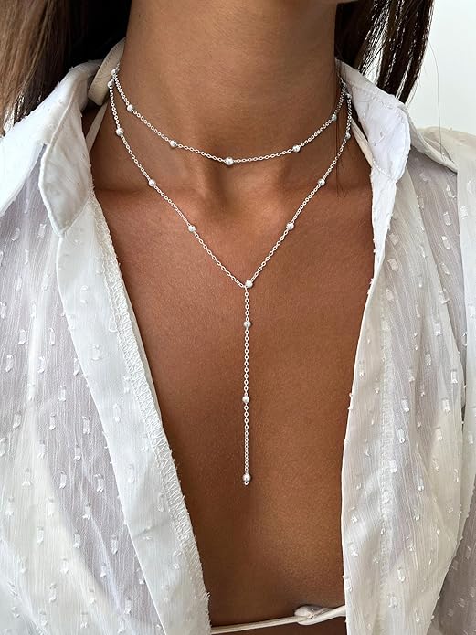 Lariat Gold Necklaces for Women Trendy Dainty Long Necklace 14k Gold Plated/Silver Layered Drop Beaded Chain Necklaces Y-shaped Pendant Necklace Simple Gold Jewelry Gifts