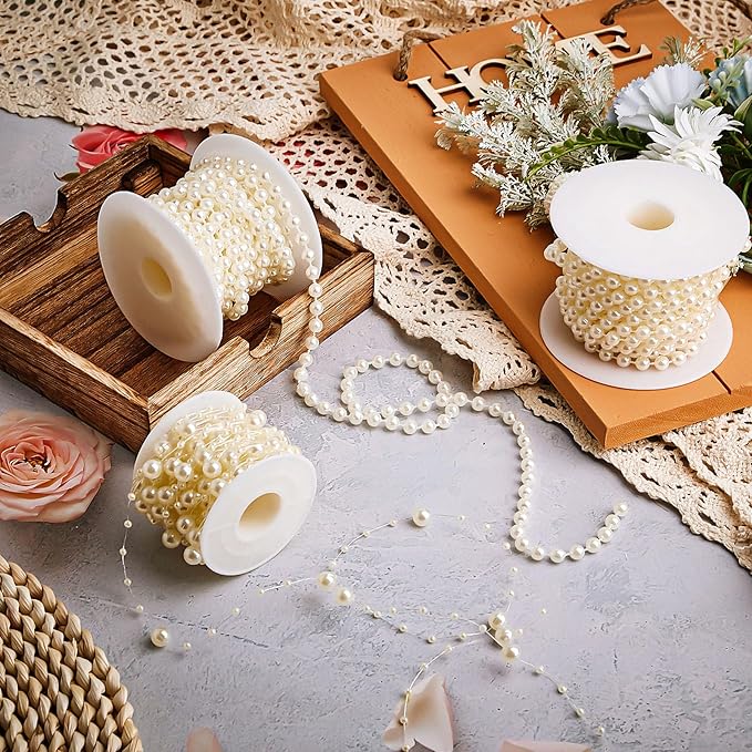 Bonuci 3 Rolls 66 Feet Pearls String Garland Faux Pearl Garland Spool Roll Strand Decoration Artificial Beads Chain Trim for Crafting String of Flowers Valentine Wedding Party(Beige,6mm)