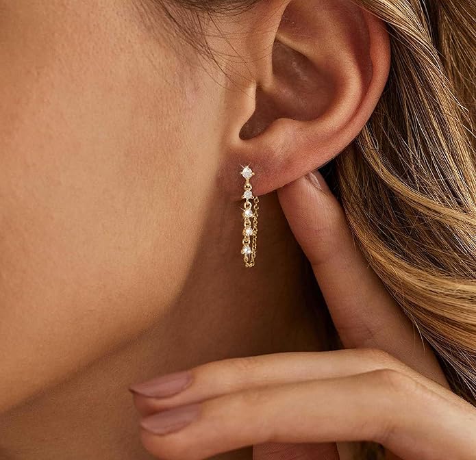 Gold Earrings for Women,Dainty 14k Gold Plated Pearl Drop Earring Dangle Pearl Dangling Earrings for Women Trendy Small Cute Wedding CZ Earring Long Chain Threader Prom Jewelry Gifts