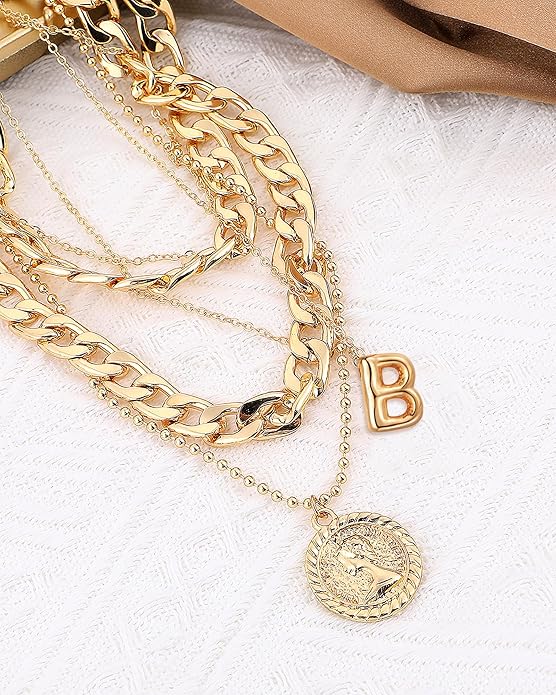 MJartoria Layered Necklaces for Women Trendy Balloon Initial Coin Pendant Necklace Dainty Chunky Chain Choker Necklaces Jewelry Birthday Gifts
