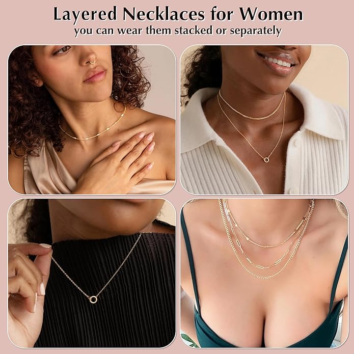 WomenGifts Layered Gold Necklaces for Women, 14K Gold Sterling Silver Plated Dainty Pendant Necklace Set with Cubic Zirconia Circle, Chunky Stackable Cuban Chain Choker, Trendy Personalized Birthstone Jewelry Gift Non Tarnish
