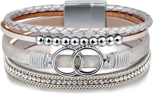 Fesciory Leopard Bracelet for Women, Boho Leather Wrap Multi-Layer Pearl Crystal Bracelet Bangle Jewelry