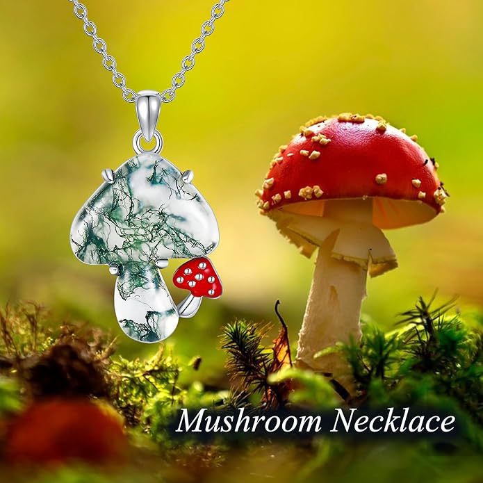 YAFEINI Mushroom Necklace Moonstone/Moss Agate/Malachite/Labradorite/Turquoise/Amber/Larimar/Black Onyx/Lapis Lazuli/Peridot/Opal Sterling Silver Mushroom Pendant Mother's Day Jewelry for Women Mom