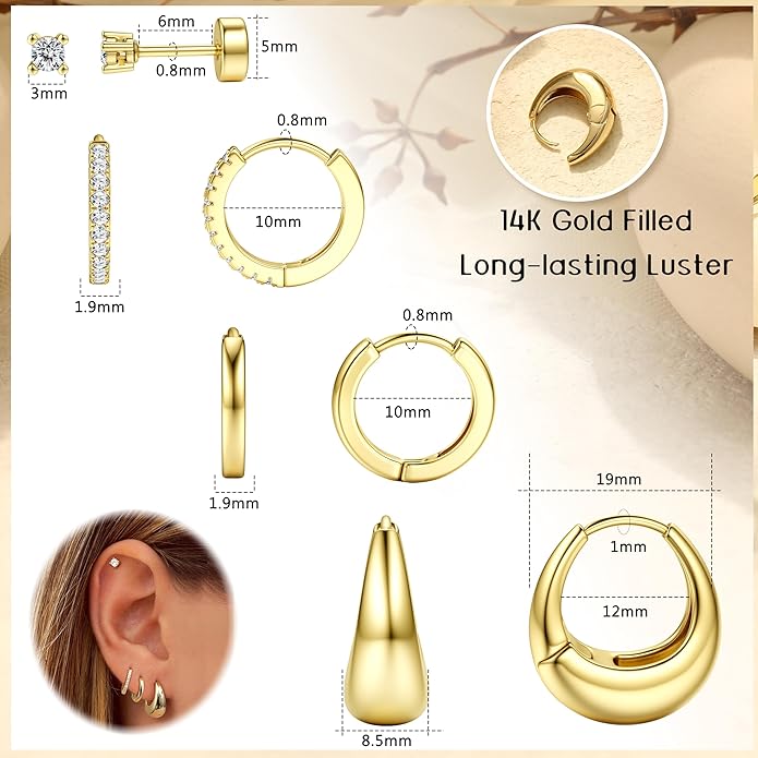 BESTEEL Small Hoop Earrings for Women - Hypoallergenic 14K Gold Plated Surgical Steel Chunky Huggie Earings Stacks Set Dainty Cute Cartilage Flat Back Stud Jewelry Trendy Gift 4 Pairs