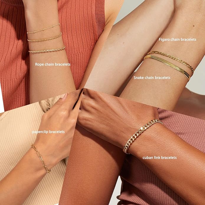 Gold Bracelets for Women Trendy,14K Gold Plated Dainty Stackable Paperclip Cuban Link Chain Bracelets, Simple Cute Cuff Bracelets Jewelry Set Adjustable 7"+2"
