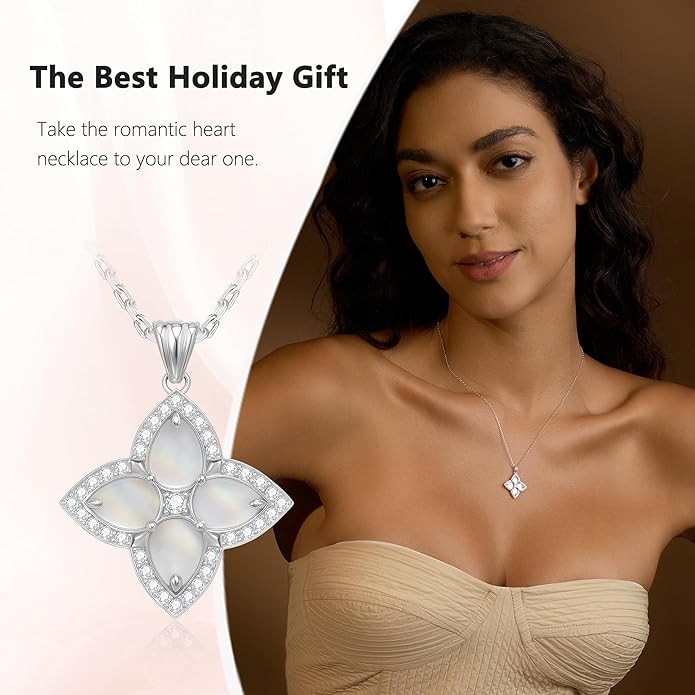 S925 Women's Sterling Silver Pendant Necklace - Classic Mother Pearl Four-Leaf Flower Necklace with Cubic Zircon, Hypoallergenic Fine Jewelry Gift