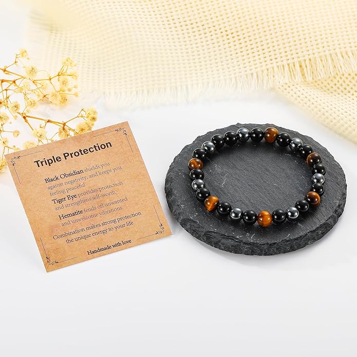 Triple Protection Bracelet for Men, Mens Black Obsidian Hematite Tiger Eye Beaded Natural Stone Evil Eye Bracelet Jewelry Gifts for Birthday Christmas
