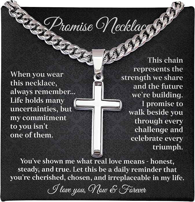 GLAVICY Promise Cross on Cuban Necklace For Him, Sentimental Gift for Husband, Boyfriend, Man with Message Card and Box, Promise Jewelry on Birthday, Valentine Day