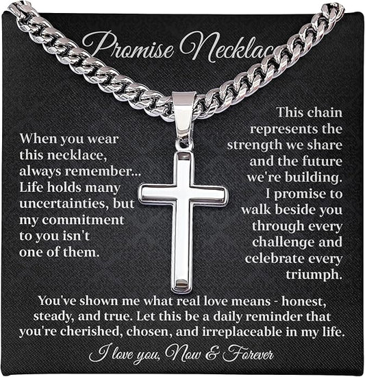 GLAVICY Promise Cross on Cuban Necklace For Him, Sentimental Gift for Husband, Boyfriend, Man with Message Card and Box, Promise Jewelry on Birthday, Valentine Day