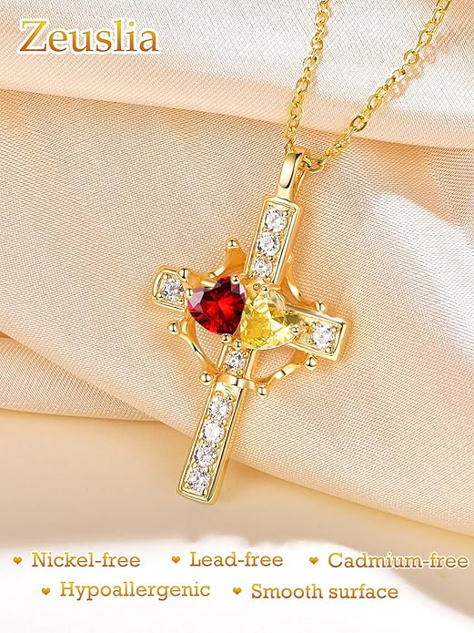 Zeuslia Double Birthstone Necklace Gifts for Wife - 925 Sterling Silver Sunflower/Rose/Crown Cross/Compass/Heart Pendant I Love You Necklace, Anniversary Birthday Gifts for Wife Girlfriend Mom Her