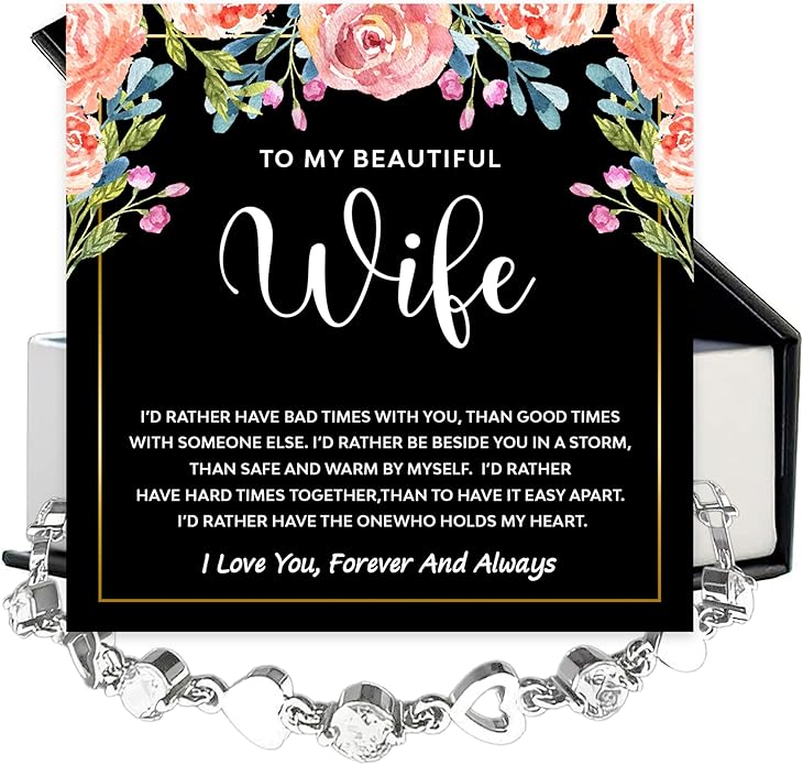 To My Wife Crystal Heart Bracelet Gift From Husband, Beautiful Wife Jewelry For Anniversary, Birthday, Christmas, Valentine’s Day, Bracelet For Her With Heartfelt Message & Elegant Box