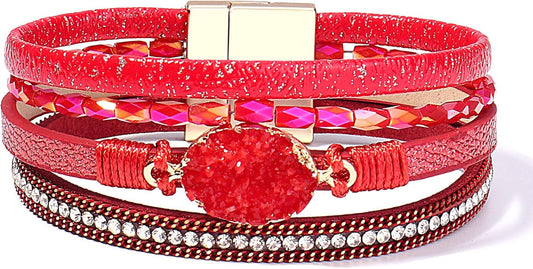 FANCY SHINY Leather Wrap Bracelet Boho Cuff Bangle Bracelets Crystal Bead Bracelet with Magnetic Clasp Jewelry Gifts for Women