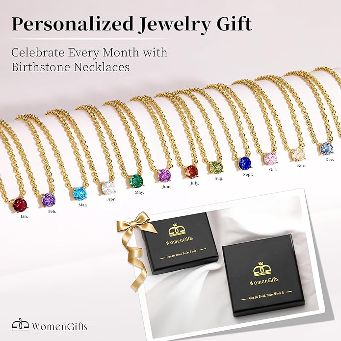 WomenGifts Layered Gold Necklaces for Women, 14K Gold Sterling Silver Plated Dainty Pendant Necklace Set with Cubic Zirconia Circle, Chunky Stackable Cuban Chain Choker, Trendy Personalized Birthstone Jewelry Gift Non Tarnish