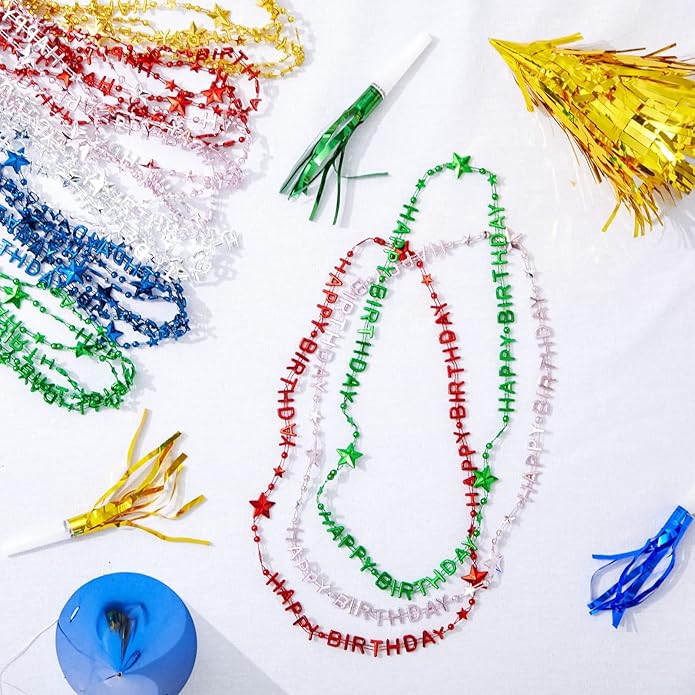 Sparkle and Bash Happy Birthday Necklace Set - 24 Count, 6 Metallic Colors, 15.5 in Bead Strand - Birthday Necklaces & Party Favors
