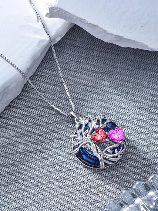 TOUPOP s925 Sterling Silver Family Celtic Tree of Life Pendant Necklaces with 2 Heart Birthstone with Blue Austrian Crystal Jewelry Birthday Anniversary Christmas Gifts for Her Wife Girlfriend Mom (18K Real White Gold Filled)