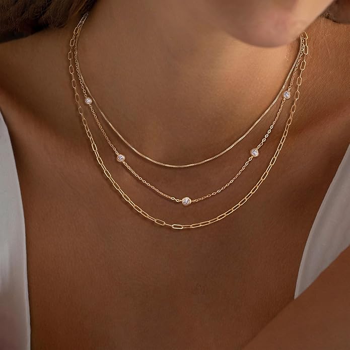 Layered Necklaces for Women, Dainty Gold Necklace Stack 14k Gold Plated Layering Cubic Zirconia Choker Necklaces for Women Trendy Simple Layered Gold Necklace Set Fashion Jewelry