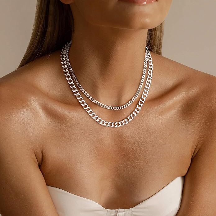 Moodear Layered Necklace for Women Trendy Chunky 14K Gold Plated/Sliver Plated Chain Necklace Cuban Link Paperclip Chain Toggle Clasp Necklace Fashion Jewelry