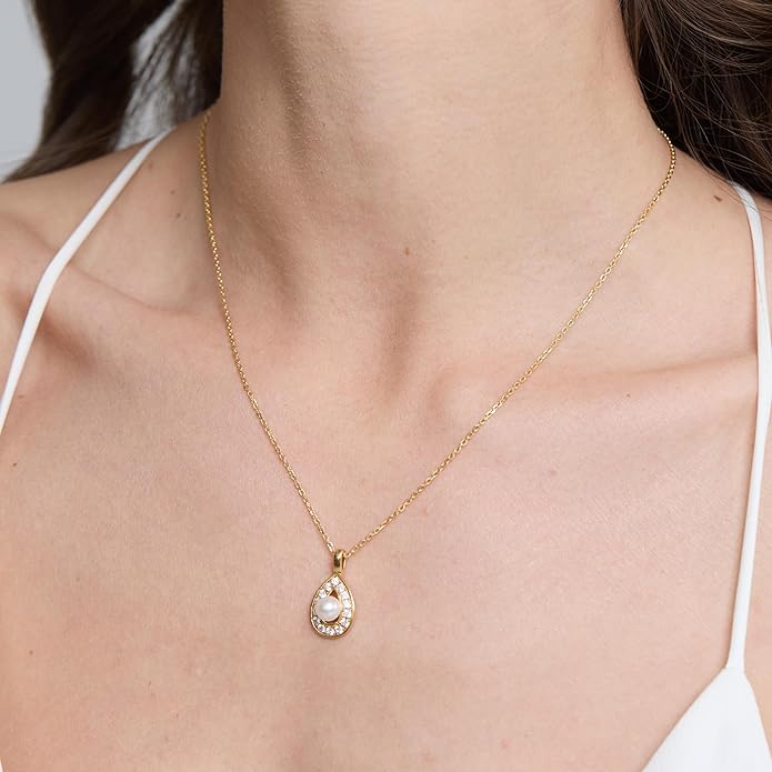 StiloVero Pearl Pendant Necklace for Women, Freshwater Cultured Single Pearl Necklace with Moissanite Accents, Dainty Gold Necklace for Women, 18K Gold Plated Sterling Silver, Pearl Jewelry Gift for Her Anniversary Birthday