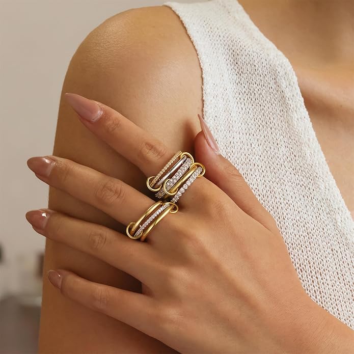 FUSAHURIY 2PCS Gold Stackable Rings Set for Women, 14K Gold Plated Interlocking Linked Rings with Cubic Zirconia, Gold Silver Mixed Metal Stackable Ring, Statement Jewelry Gifts