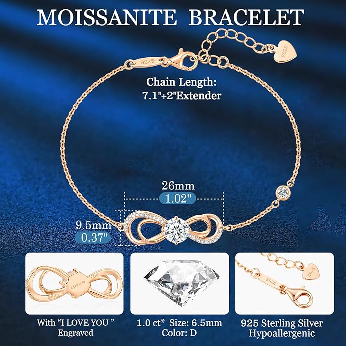 Moissanite Infinity Heart Bracelets for Women,925 Sterling Silver,18K Gold Plated,Adjustable Anniversary Birthday Fine Jewelry Gifts for Wife Her Mom