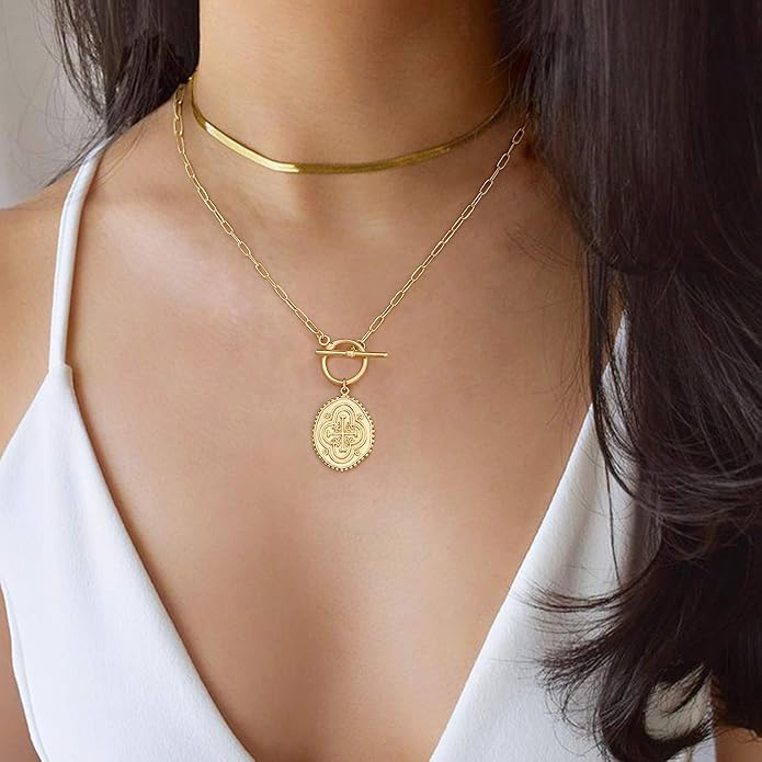 CANEVINKA Dainty Cross Medallion/Heart Pendant Chain Necklace 18K Gold Plated Oval Choker Fashion OT Toggle Jewelry Handmade for Women Simple Gold Charm Necklace