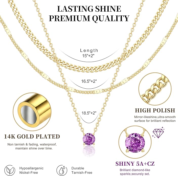 WomenGifts Layered Gold Necklaces for Women, 14K Gold Sterling Silver Plated Dainty Pendant Necklace Set with Cubic Zirconia Circle, Chunky Stackable Cuban Chain Choker, Trendy Personalized Birthstone Jewelry Gift Non Tarnish