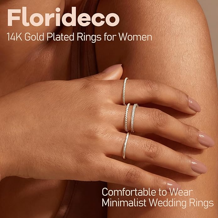 Florideco Stackable Rings for Women Non Tarnish Dainty 14K Gold Plated Stacking Thin Ring Set Trendy Statement Minimalist Cubic Zirconia Band Rings Promise Engagement Rings Size 5-10