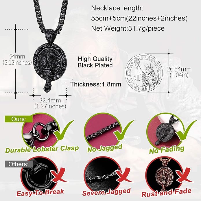 FaithHeart Viking Raven Necklace for Men, Norse Mythology Raven Skull Pendant Sturdy Stainless Steel Amulet Jewelry Gift for Men