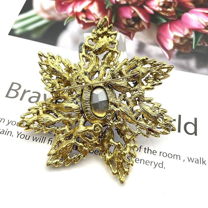 YOQUCOL Vintage Austrian Crystal Rhinestone Flower Shape Big Large Brooch Pin For Women Grils Golden Tone