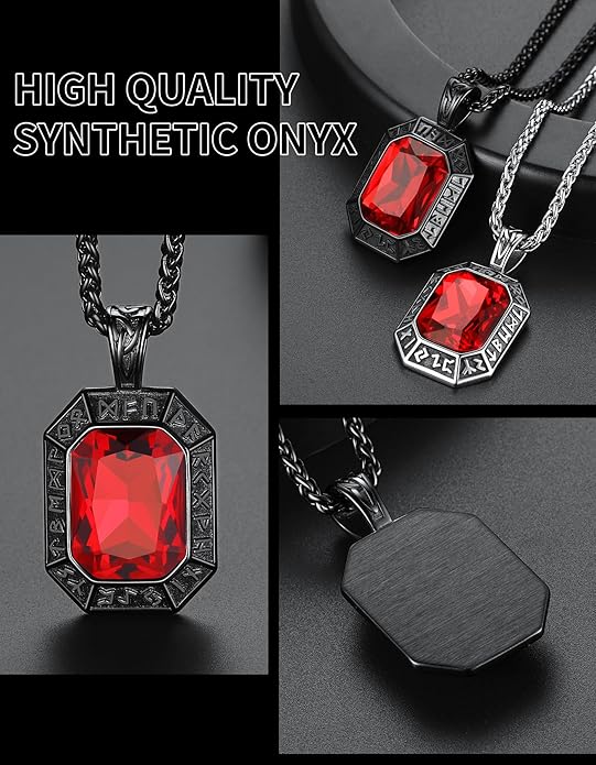 ChainsHouse Viking Rune Pendant Necklace for Men Women, Punk Biker Black Metal/316L Stainless Steel Onyx Norse Vintage Amulet Necklaces with Black/Red/Green/Blue Gemstone, Send Gift Box