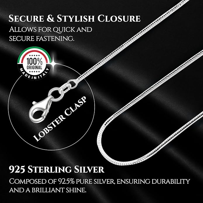 DSS 925 Sterling Silver Necklace for Women, 8 Sided Snake Chain 1mm, Lobster Claw Clasps, Sterling Silver Chain, Italian Jewelry for Women, 20in