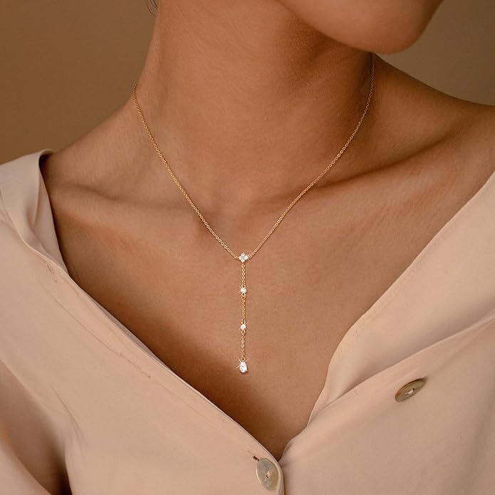 CHESKY Lariat Gold Necklace for Women Trendy, Dainty Long Necklace 14k Gold Plated/Silver Y-Shaped Pendant Necklace Layered Cz Beaded Chain Drop Necklaces Simple Gold Jewelry For Women Gift