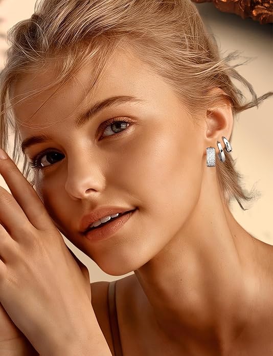 Florideco 3Pairs Chunky Gold Earrings Set 14K Gold Plated Hoop Earrings for Women Trendy Small Thick Huggie Hoops Earring Lightweight Silver Hoop Earring Sets for Multiple Piercing