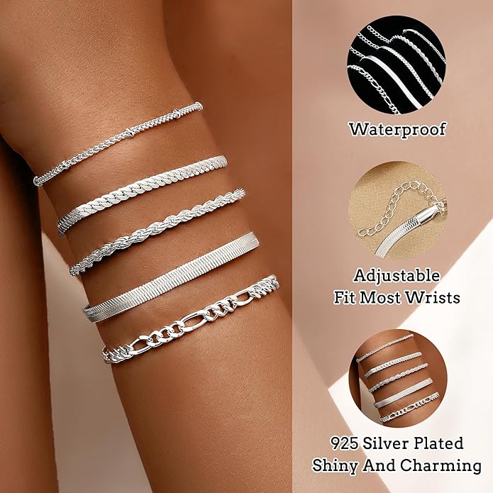 XIANNVXI Gold Plated Bracelets for Women Adjustable 14K Dainty Gold Bracelet Stack for Women Stackable Cuban Link Paperclip Chain Bracelet Set 5PCS Cute Trendy Bracelets for Present