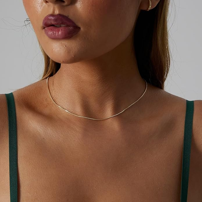 14K Gold Necklace for Women, Womens Dainty Chain Necklace Plated Shining Dots Satellite Choker Box Chain, Women Layering Necklaces