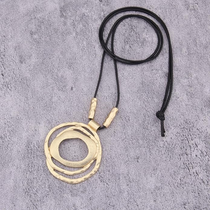 Long Boho Necklaces for Women Vintage Leather Wooden Pendant Y Choker Ethnic Style Gold Circle Hippie Sweater Necklace