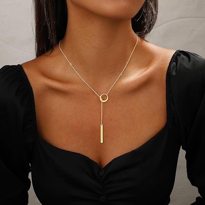 Long Gold Necklace for Women Trendy, Dainty Layered Lariat Necklace 14k Gold Plated Silver Y Shaped Beaded Chain Non Tarnish Drop Necklaces Simple Adjustable Jewelry Gift