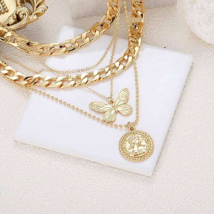 MJartoria Layered Necklaces for Women Trendy Retro Coin Pendant Necklace Dainty Chunky Chain Choker Necklaces for Jewelry Birthday Gifts