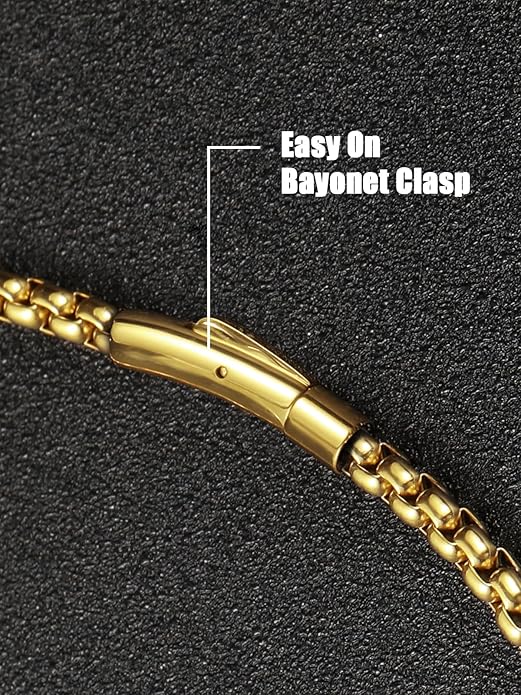 TUNGSTORY Box Chains Necklace for Men - Bold 18K Gold Plated 316L Stainless Steel Chain Necklace Including Jewelry Box, 4mm Mens Chains with Easy-On Clasp, Non-Tarnish Hypoallergenic - Jewelry Gift for Him, 20 Inches