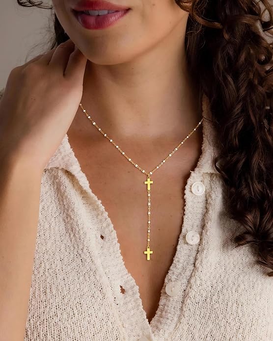M MOOHAM Gold Lariat Necklace for Women - Dainty 14K Gold Plated Y-Shaped Long Drop Necklace Pearl Cross Clover Butterfly Cubic Zirconia Charm Layered Necklaces for Women Simple Jewelry Gifts