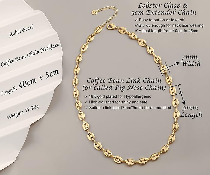 Aobei Pearl 18K Gold Plated Paperclip Chain Choker Satellite Chain Freshwater Cultured Biwa Pearl Pendant Necklace Dainty Jewelry for Women