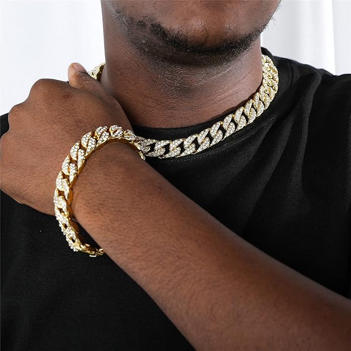 Saintda Cuban Link Chain and Bracelet Set for Men Women Iced Out Diamond Gift for Boys Hip Hop Rapper Jewelry