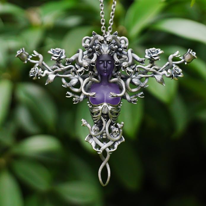 Medusa Pendant Brooch | Gothic Fashion Jewelry with Purple Crystal | Statement Myth-Inspired Accessory for Women