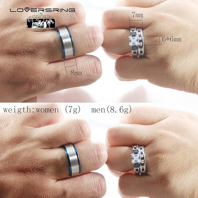 TWO RINGS Wedding Ring Sets His And Hers Promise Ring Couples Bridal Sets Women 925 Sterling Silver square Cz Man Stainless Steel Brushed Finished Wedding Bands