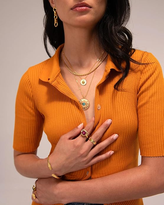 CANEVINKA 18K Gold Plate Coin Pendant Necklace for Women Dainty Compass Sunflower Necklaces Personalized Chain Layered Jewelry